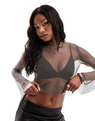 Body Lingerie Femme ROSVAJFY - Strass Résille Manches Longues - Noir Sexy Transparent