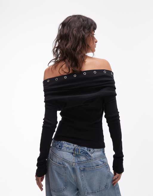 ASOS DESIGN - Top manches longues en tissu côtelé brossé à épaules dénudées et œillets - Noir, 3 de 4