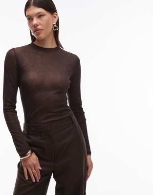 Top manches longues en tulle fin transparent effet seconde peau - Marron chocolat-Brown L