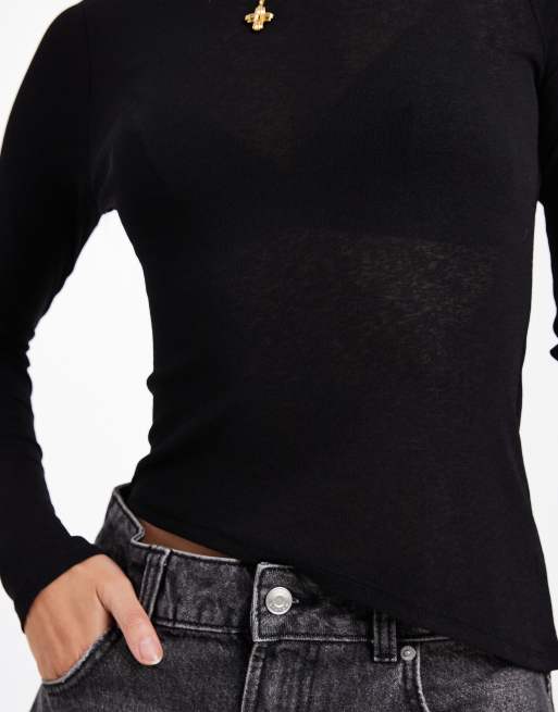 ASOS DESIGN - Top manches longues en tulle transparent à ourlet asymétrique - Noir, 4 de 4