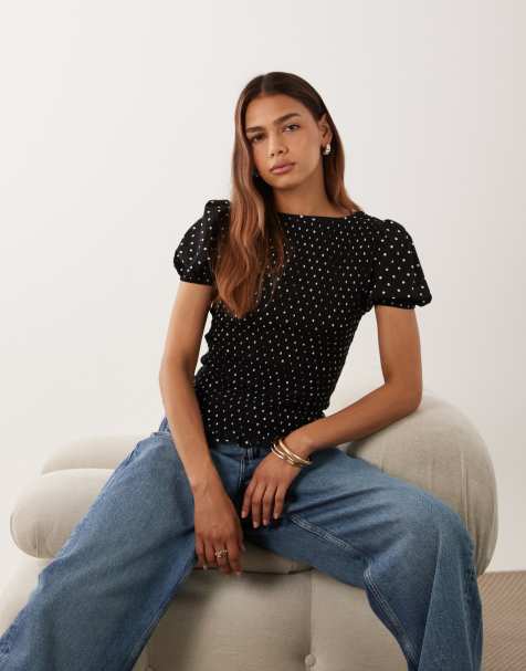 ASOS DESIGN - Top manches longues en voile froncé à pois - Noir - view 1