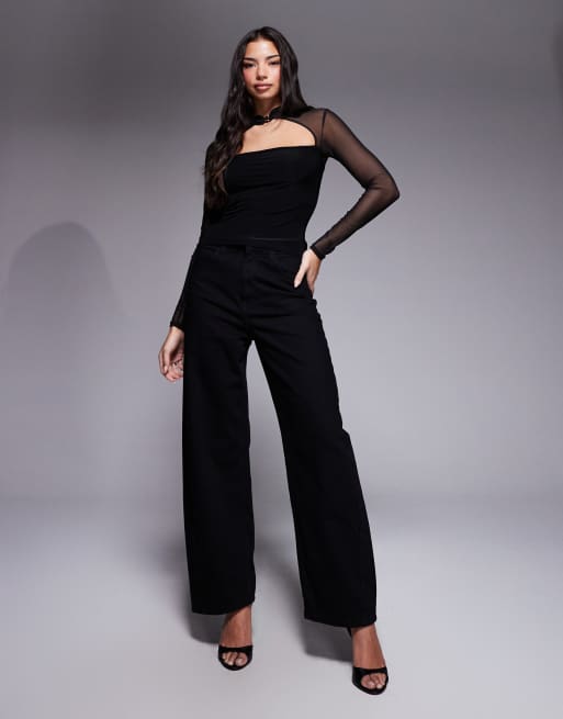 ASOS DESIGN - Top manches longues près du corps en tulle avec passants et découpes - Noir, 4 de 4
