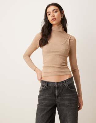 Top manches longues transparent à double épaisseur et col cheminée - Beige-Brown XS