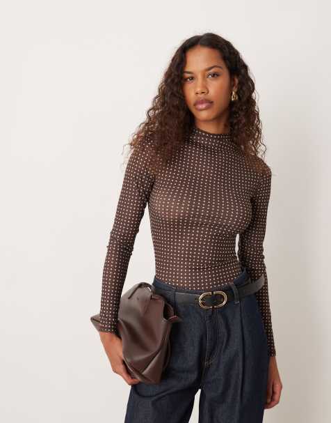 ASOS DESIGN - Top manches longues transparent côtelé à pois - Chocolat - view 1