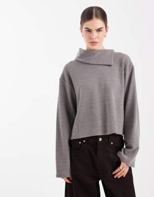 Top manches longues ultra doux à col rabattu - Anthracite-Gris S