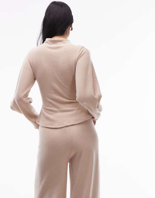 ASOS DESIGN - Top manches longues ultra-doux d'ensemble à basque - Beige, 4 de 4