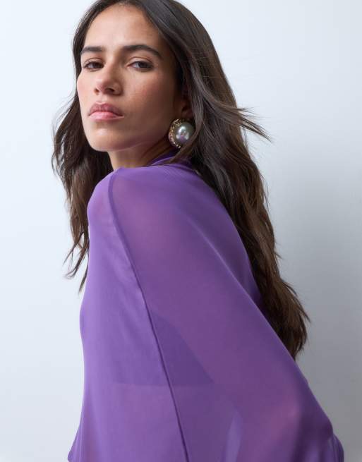 ASOS DESIGN top mantella in rete trasparente con fondo asimmetrico, color prugna, 3 di 4