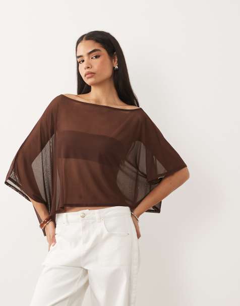 ASOS DESIGN - Top marrón chocolate estilo capa de malla transparente - view 1