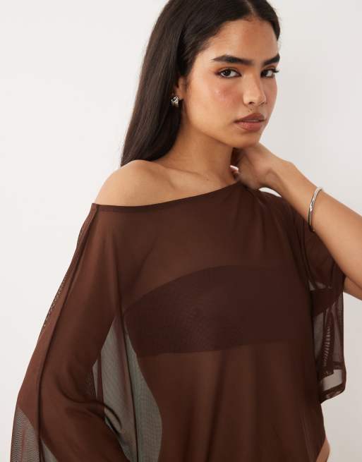 ASOS DESIGN - Top marrón chocolate estilo capa de malla transparente, 3 de 4