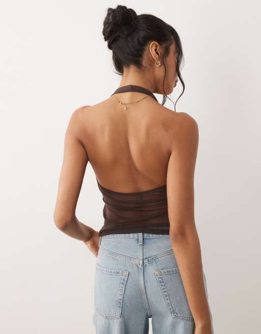 ASOS DESIGN - Top marrón chocolate transparente con cuello halter de malla, 4 de 4