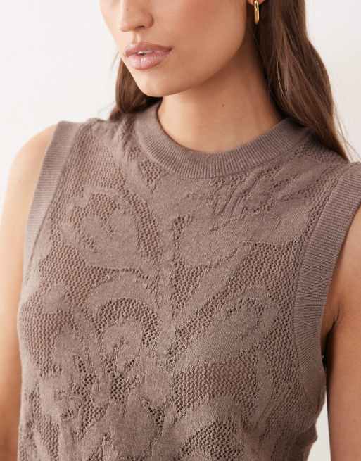 ASOS DESIGN - Top marrón moca sin mangas con diseño floral de punto, 3 de 4