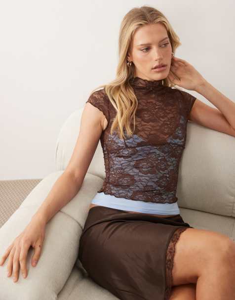 ASOS DESIGN - Top marrón y azul con diseño color block y mangas de casquillo de encaje - view 1