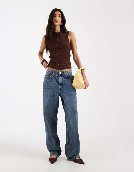 ASOS DESIGN - Top marrone con scollo a barchetta e bottoni, 2 di 4