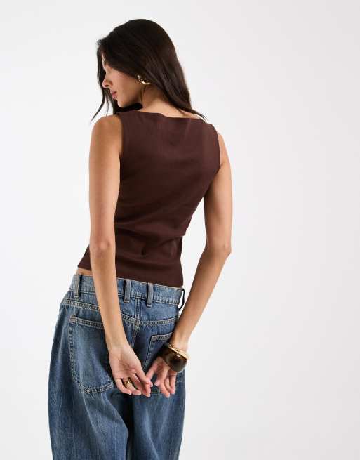 ASOS DESIGN - Top marrone con scollo a barchetta e bottoni, 4 di 4