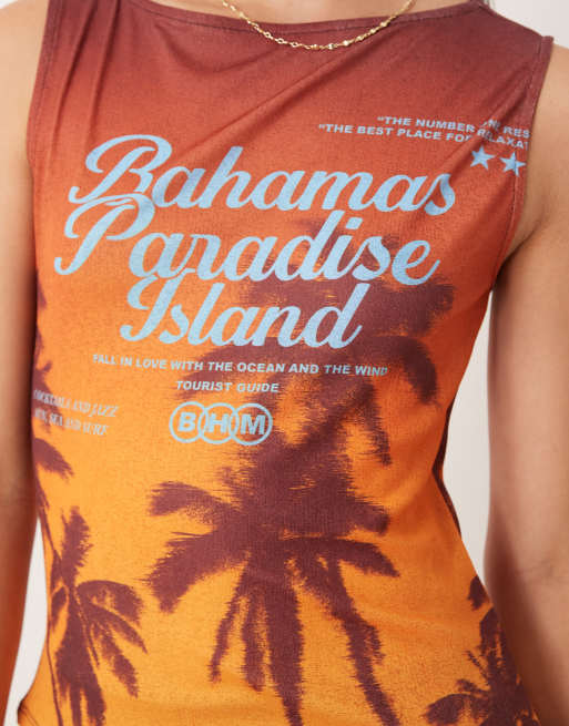 ASOS DESIGN - Top med bådudskæring og 'Bahamas'- og palmeprint i mesh, 3 af 4