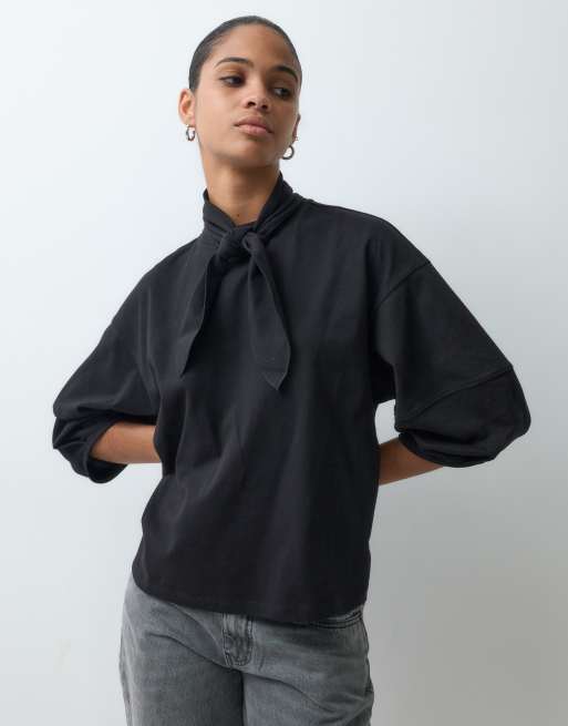ASOS DESIGN top med bindebåndsdetalje og lange ærmer i sort, 5 af 5