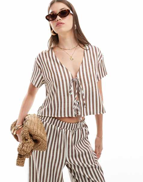 ASOS DESIGN - Top med brune striber og bindebånd foran - Del af sæt - view 1