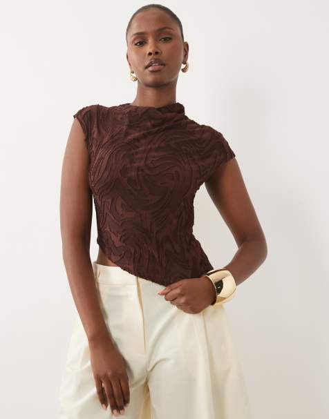 ASOS DESIGN top med burnout-swirls og høj hals i chokolade - view 1