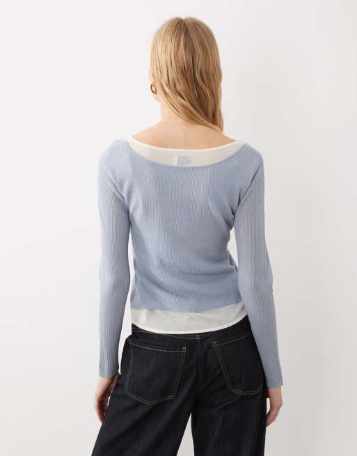 ASOS DESIGN top med dobbelt lag, dyb rund hals og gennemsigtigt look i blå, 3 af 4