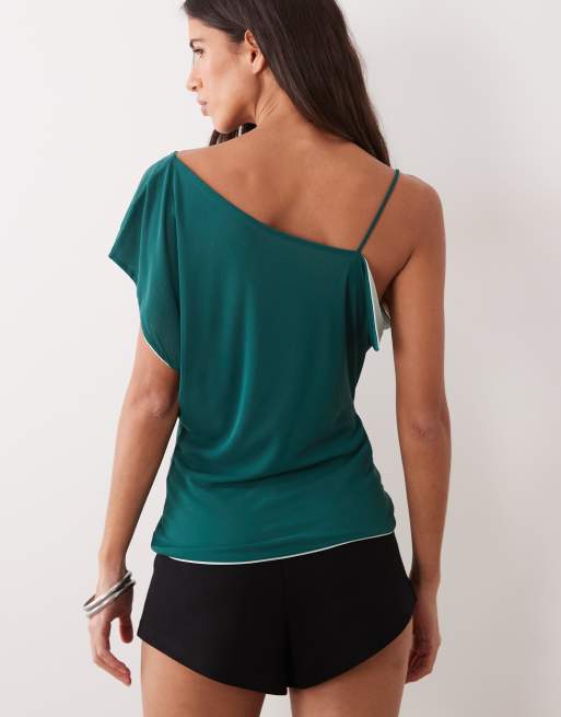 ASOS DESIGN top med dobbelt lag, kontrastmesh og asymmetrisk snit i teal og mint, 4 af 4