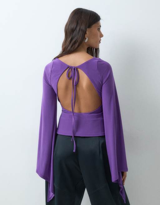 ASOS DESIGN top med draperede ærmer og åben ryg i lilla, 3 af 5