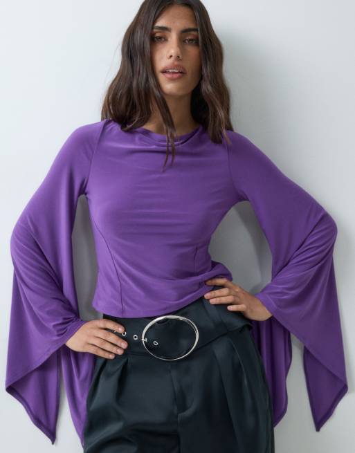 ASOS DESIGN top med draperede ærmer og åben ryg i lilla, 5 af 5