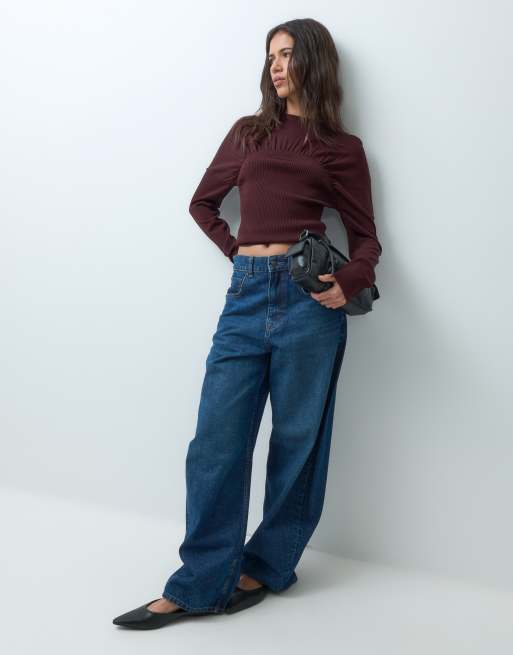 ASOS DESIGN top med draperet detalje i finstrik og lange ærmer i chokolade, 4 af 5