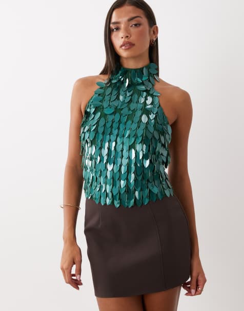 ASOS DESIGN top med halterneck og bladpynt i grøn - view 1