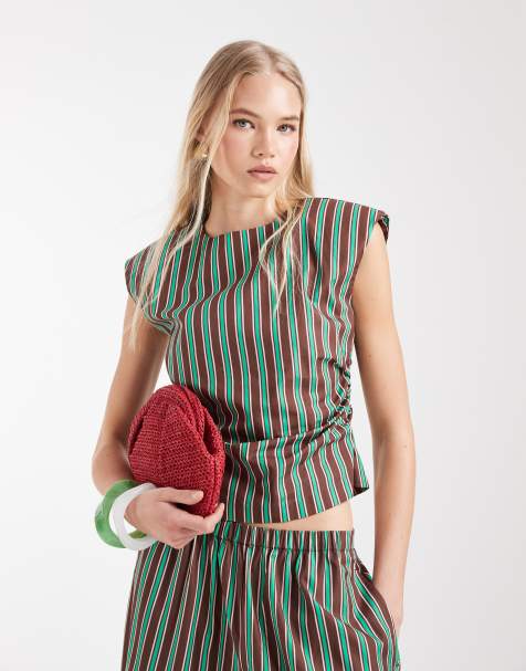 ASOS DESIGN - Top med indsyet talje og grønne og chokoladebrune striber - Del af sæt - view 1