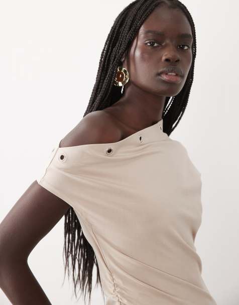 ASOS DESIGN top med øjer og offshoulder i creme - view 1