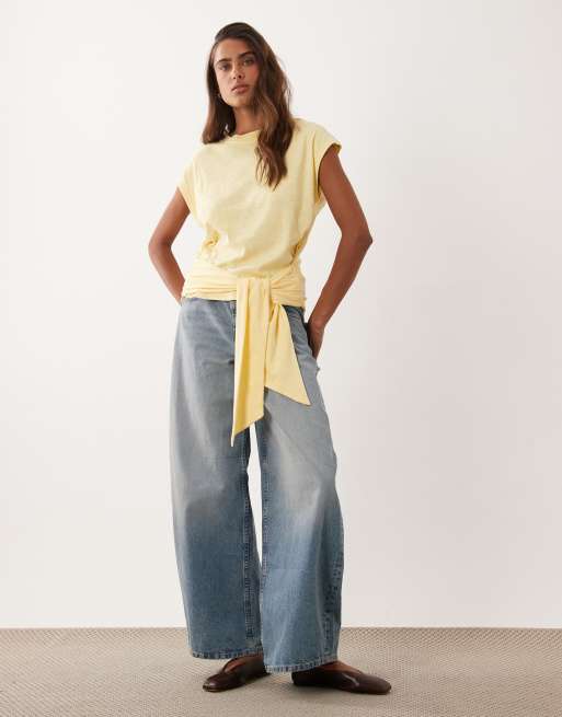 ASOS DESIGN top med korte ærmer og bindedetalje i smørgul, 4 af 4