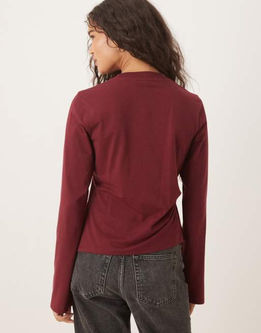 ASOS DESIGN - Top med lange ærmer i mørk kirsebærfarvet med knudedetaljer, 4 af 4