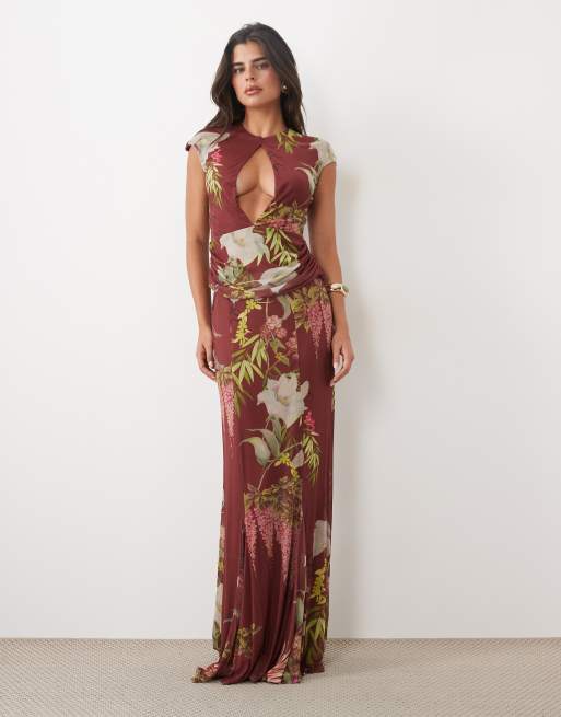ASOS DESIGN top med nøglehulsudskæring og drapering i blomsterprint, 2 af 4