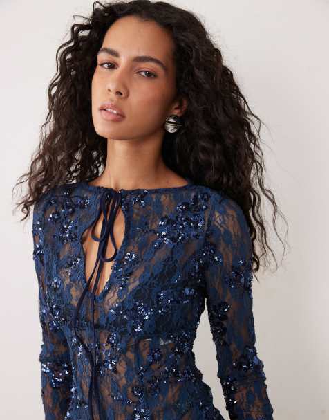 ASOS DESIGN top med nøglehulsudskæring, pailletblonde og lange ærmer i blå - view 1