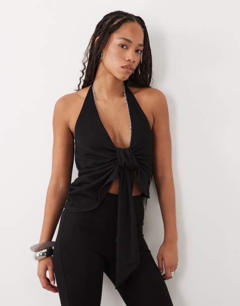 ASOS DESIGN top med pyntet kant, halterneck og knudedetalje i sort - view 1