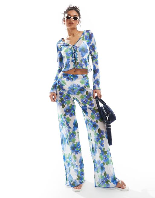 ASOS DESIGN - Top med ærmer med svaj, bindebånd foran og blomstermønster i mesh - Del af sæt, 2 af 4