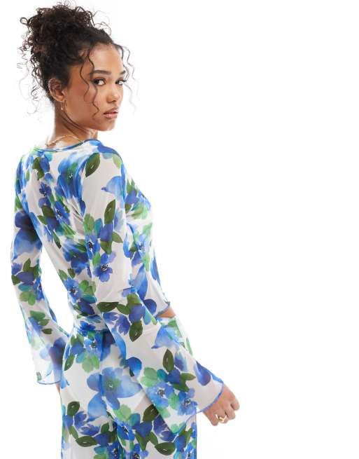 ASOS DESIGN - Top med ærmer med svaj, bindebånd foran og blomstermønster i mesh - Del af sæt, 3 af 4