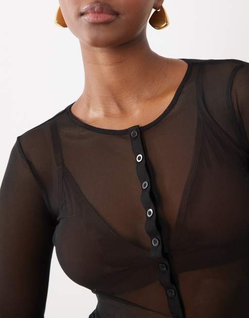 ASOS DESIGN top med rund hals, knapper foran, lange ærmer og slids i sort, 4 af 4