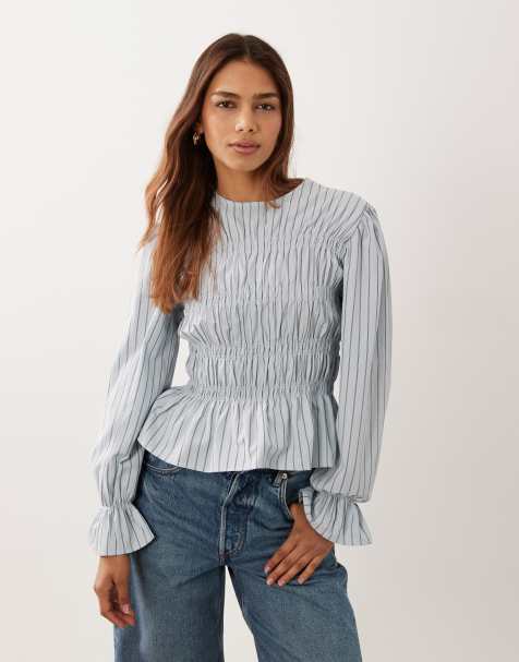 ASOS DESIGN top med rynkede detaljer og lange ærmer i blå stribe - view 1