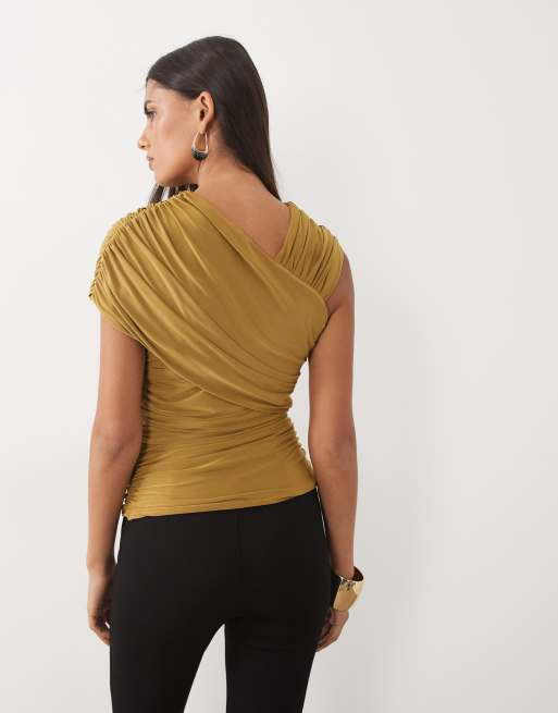 ASOS DESIGN top med rynkedetaljer, asymmetrisk strop i oliven, 4 af 4