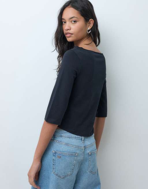 ASOS DESIGN top med slidsudskæring, buet kant og 3/4-ærmer i sort, 5 af 5