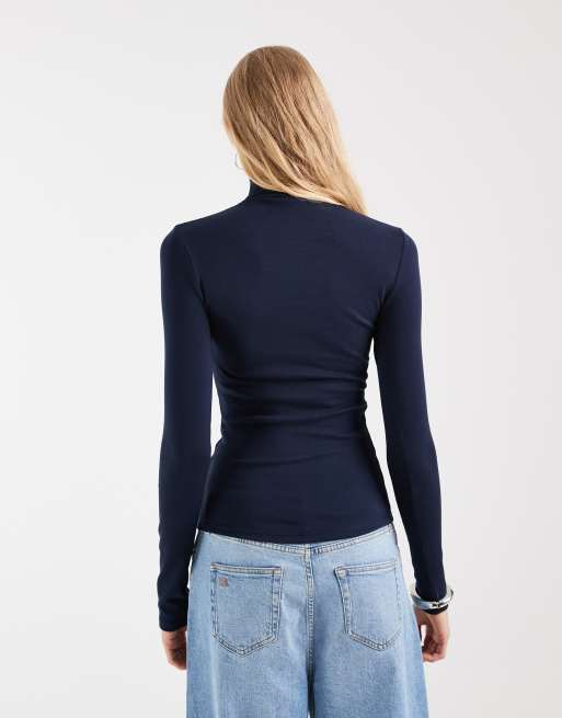 ASOS DESIGN top med ståkrave og lange ærmer i navy, 3 af 4