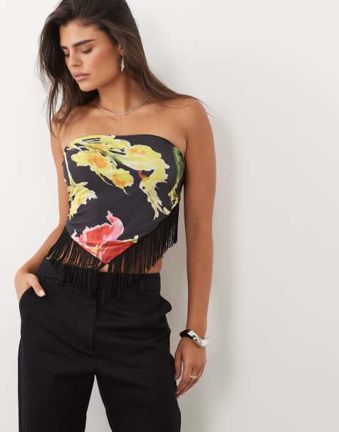 ASOS DESIGN top med tørklædeeffekt og frynser i sort blomsterprint - view 1