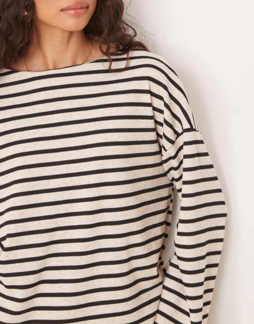 ASOS DESIGN - Top med vaffeltekstur og brede lange ærmer i sorte/hvide striber, 3 af 4