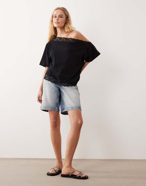 ASOS DESIGN - Top met afhangende schouder en kanten rand in zwart , 2 van 4
