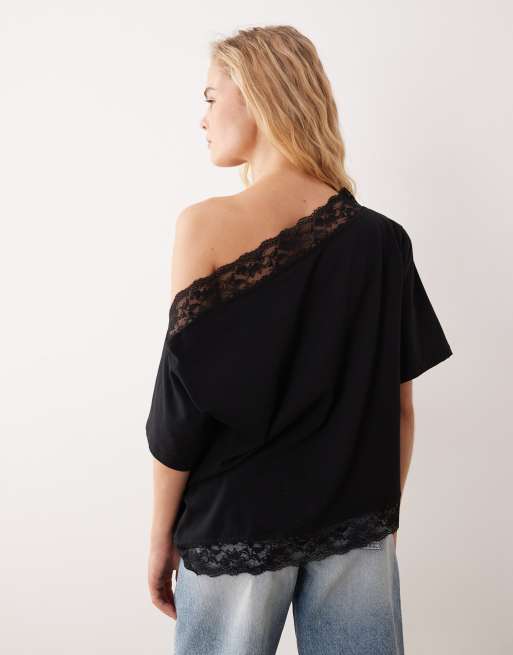 ASOS DESIGN - Top met afhangende schouder en kanten rand in zwart , 4 van 4