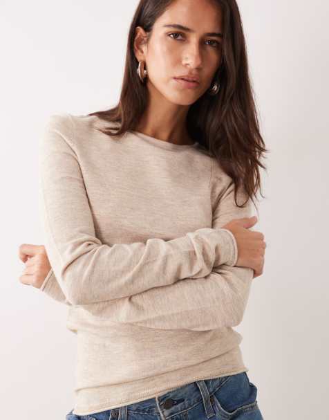 ASOS DESIGN top met asymmetrische hals en lange mouwen, fijngebreid, in beige - view 1