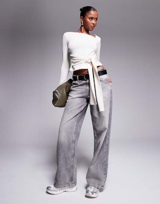 ASOS DESIGN - Top met asymmetrische hals, lange mouwen en gestrikte taille in ecru, 3 van 4