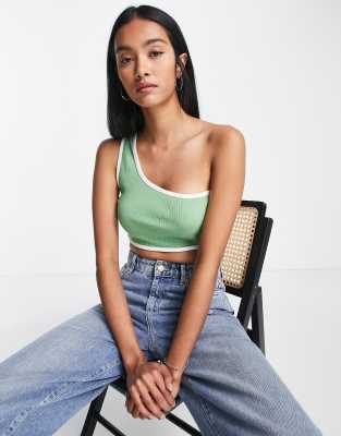ASOS DESIGN - Top met blote schouder en contrasterende biezen in groen