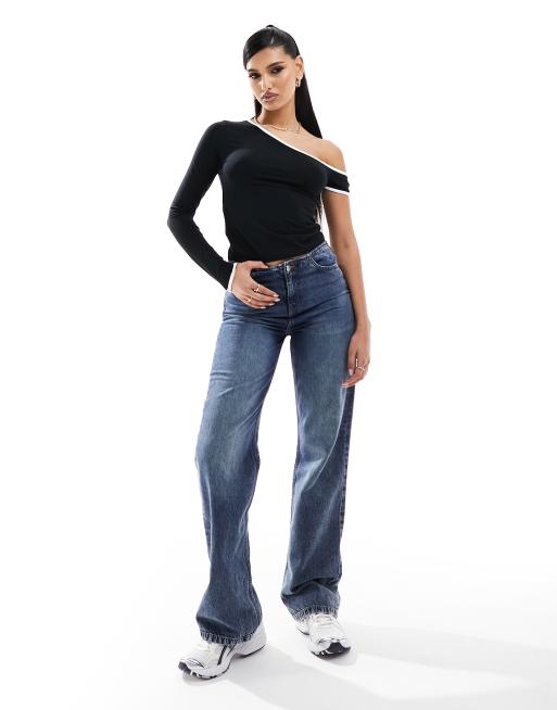 ASOS DESIGN - Top met blote schouder en contrasterende biezen in zwart, 4 van 4